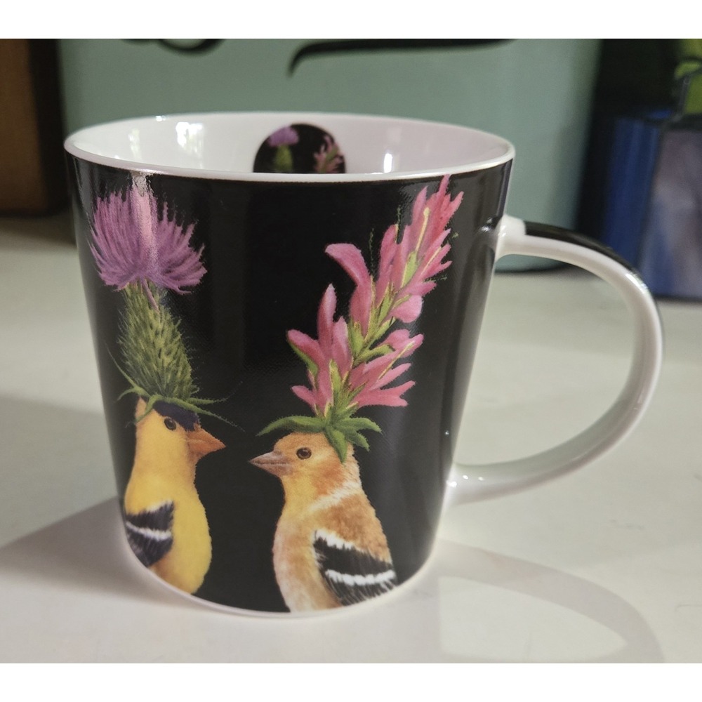 Paperproducts Design Vicki Sawyer New Bone China Coffee Mug Birds Flowers Black